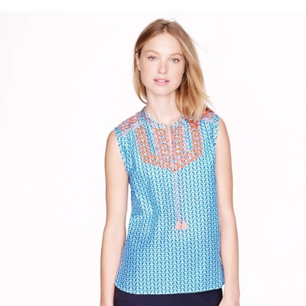 Boho J.Crew Embroidered Tassel Top in Arrow Print